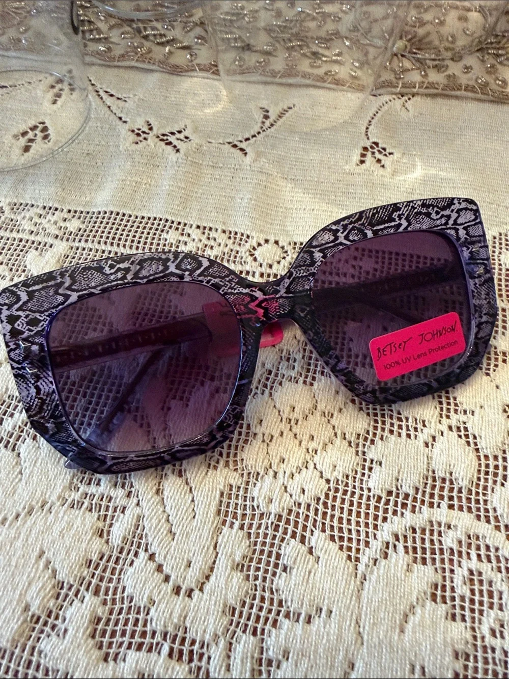 Betsey Johnson Black White Snakeskin Oversized Square Sunglasses Purple Gradient